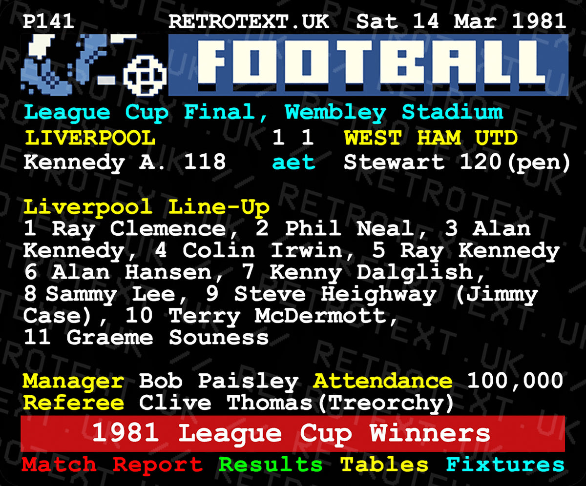 Retrotext Liverpool 1981 League Cup Winners ceramic mug featuring a vintage teletext match report and team line-up.
