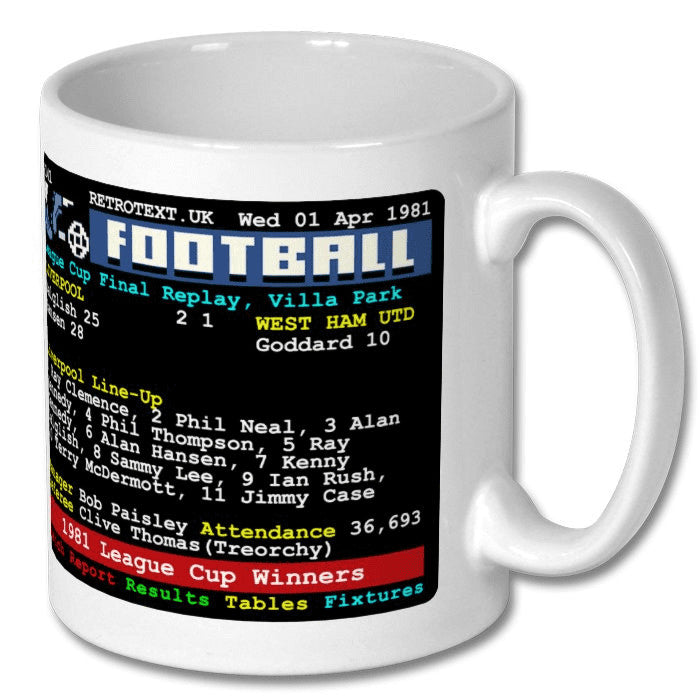 Retrotext Liverpool 1981 League Cup Winners ceramic mug featuring a vintage teletext match report design