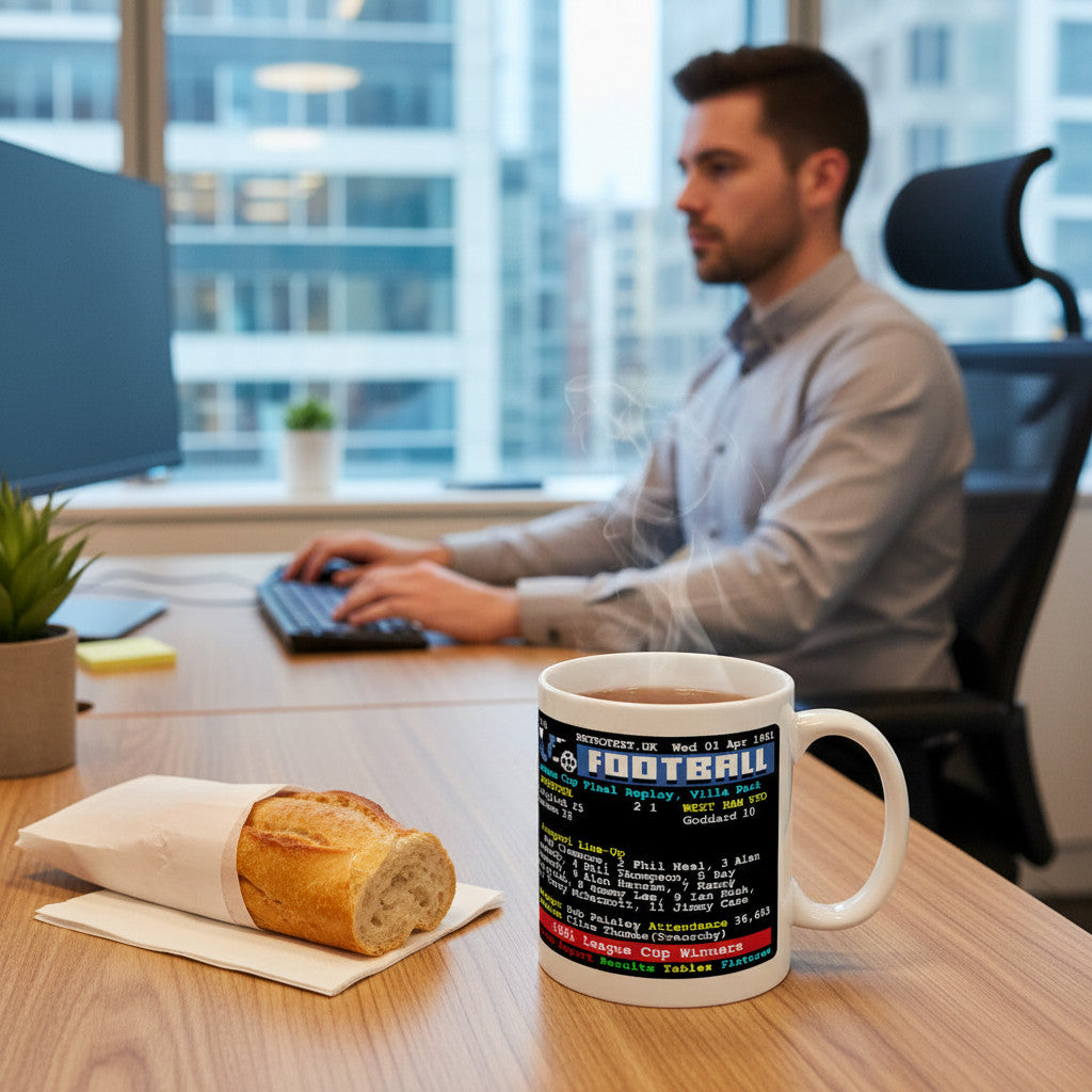 Retrotext Liverpool 1981 League Cup Winners ceramic mug with teletext design on a desk with a baguette and a man working