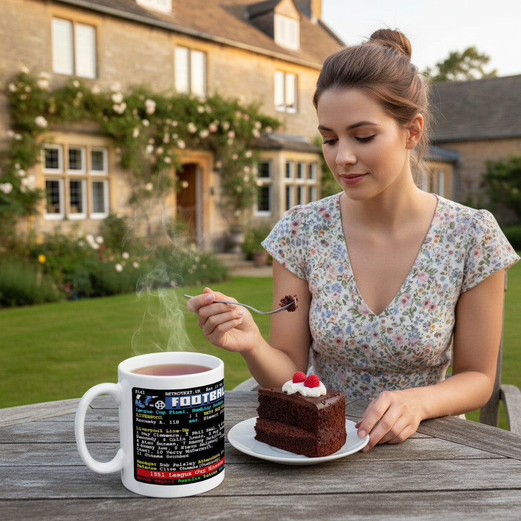 Retrotext Liverpool 1981 League Cup Winners teletext mug on a wooden table next to a woman eating chocolate cake
