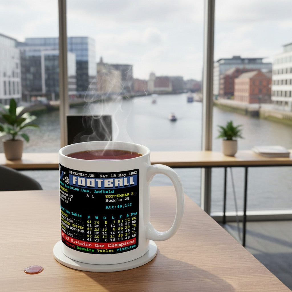 Retrotext Liverpool 1982 Division One Champions ceramic mug with vintage teletext football league table design