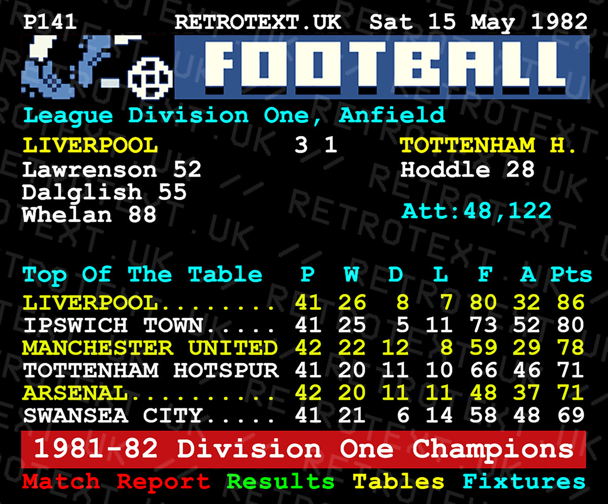 Retrotext Liverpool 1982 Division One Champions ceramic mug featuring a vintage 1980s football teletext league table