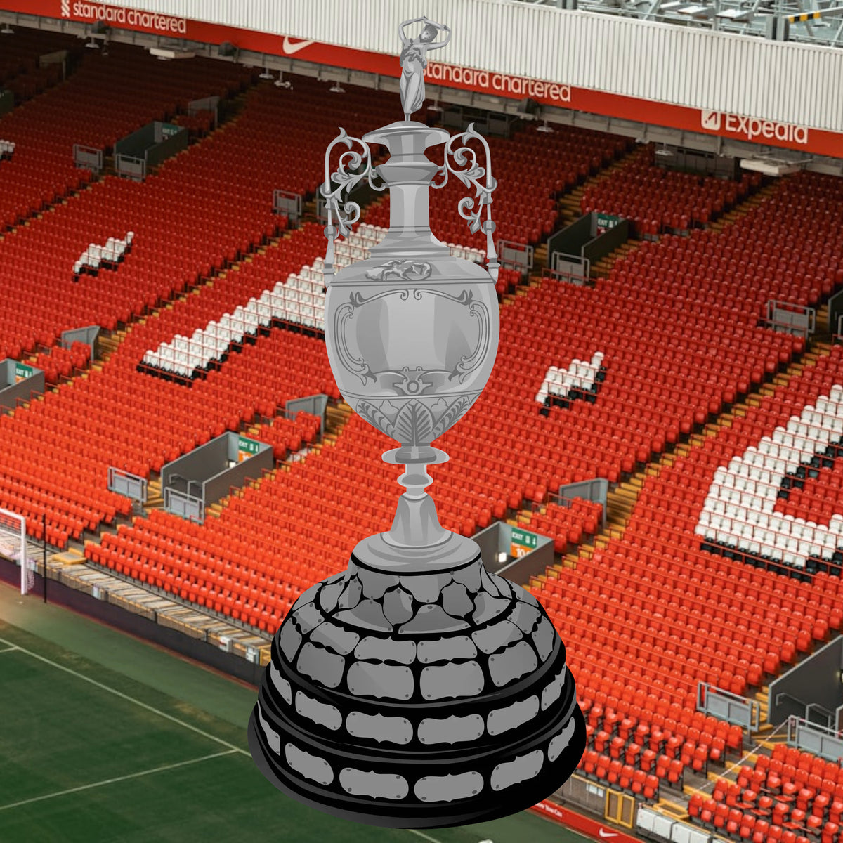 Retrotext Liverpool 1982 Division One Champions trophy illustration set against a blurred Anfield stadium background