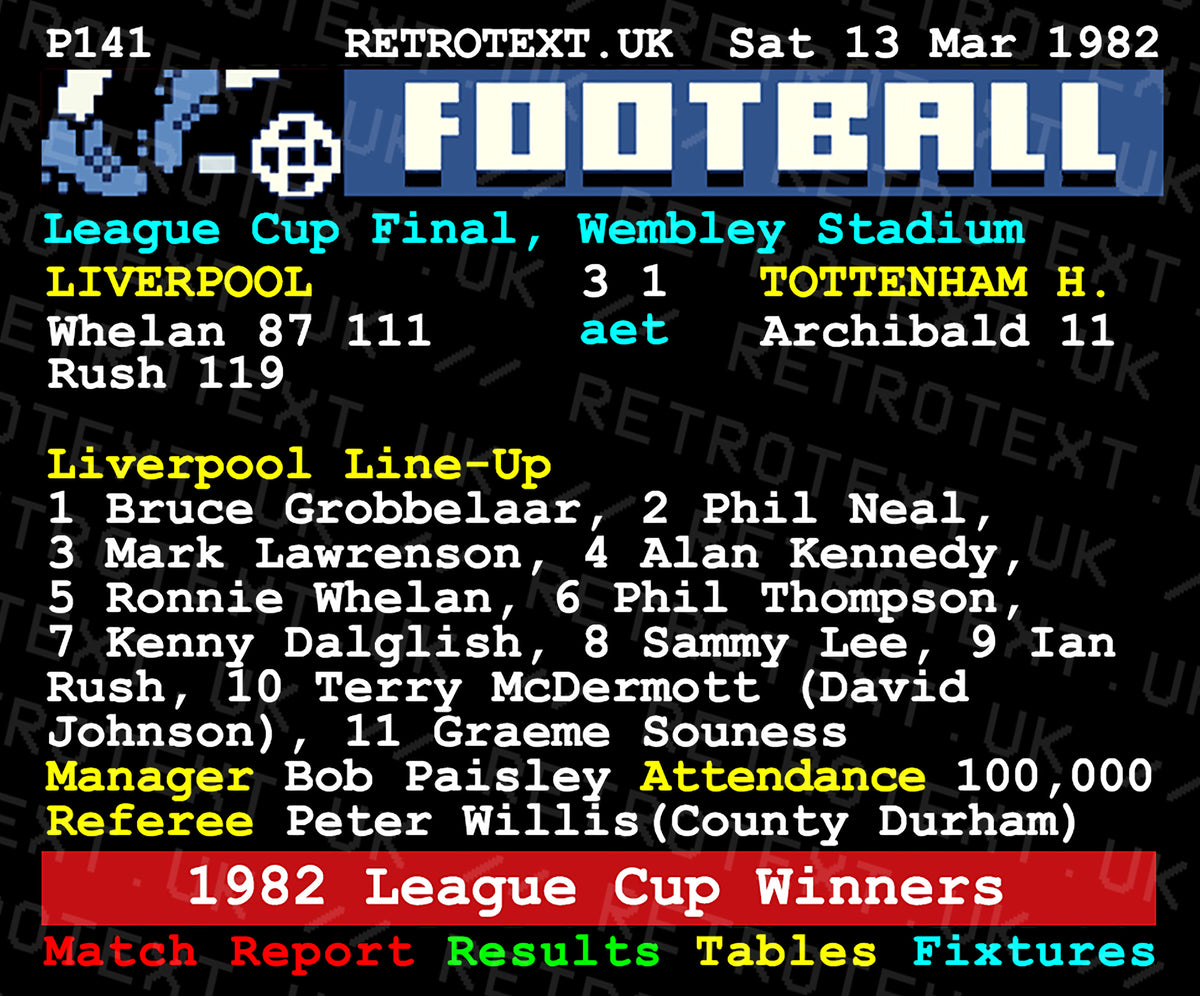 Retrotext 11oz glossy white mug featuring a 1982 Liverpool League Cup final teletext match report graphic