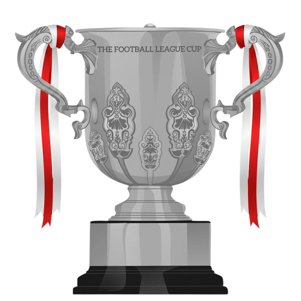 Retrotext Liverpool 1982 League Cup winners mug featuring a silver trophy illustration with red and white ribbons