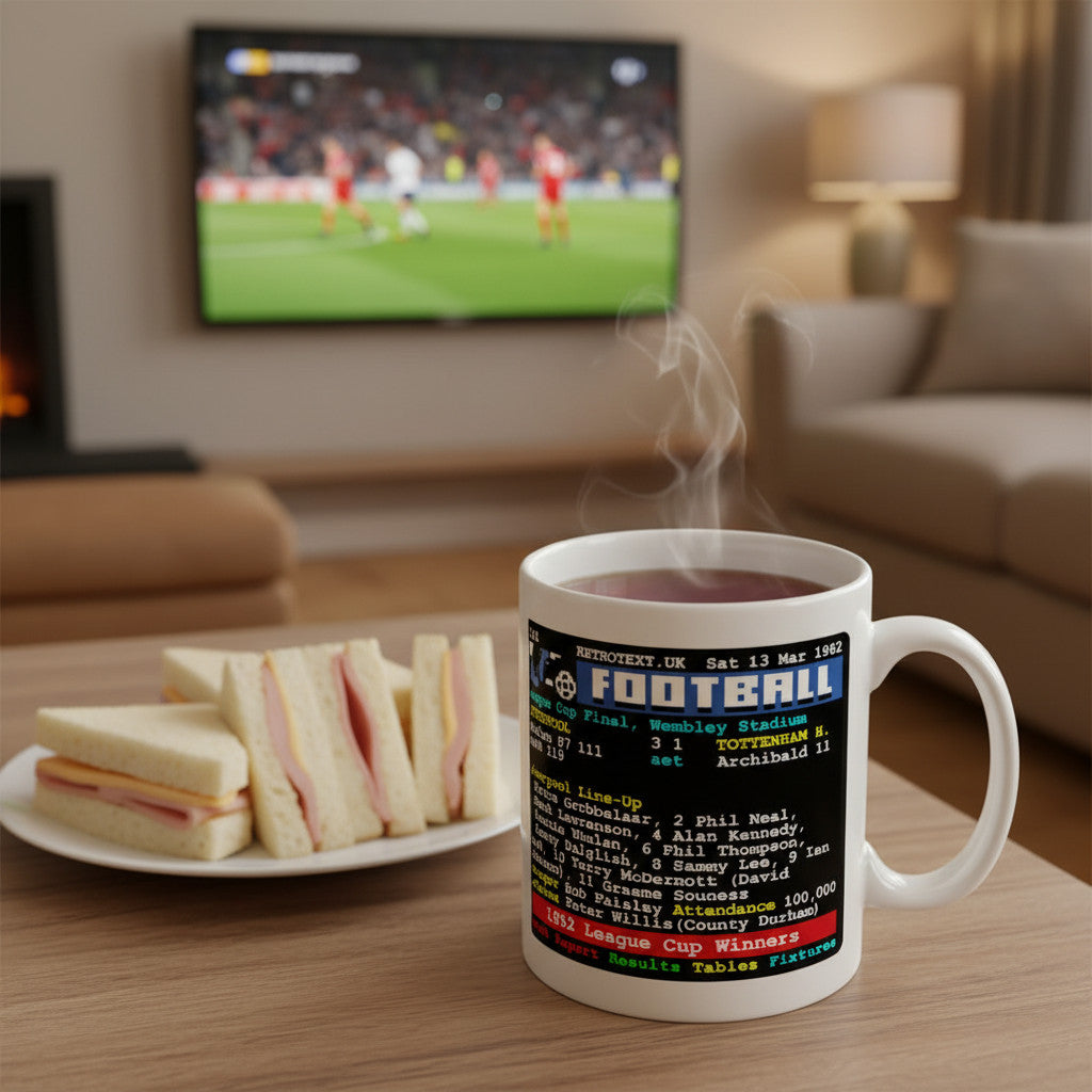 Retrotext Liverpool 1982 League Cup winners ceramic mug with teletext match stats and Bob Paisley illustration
