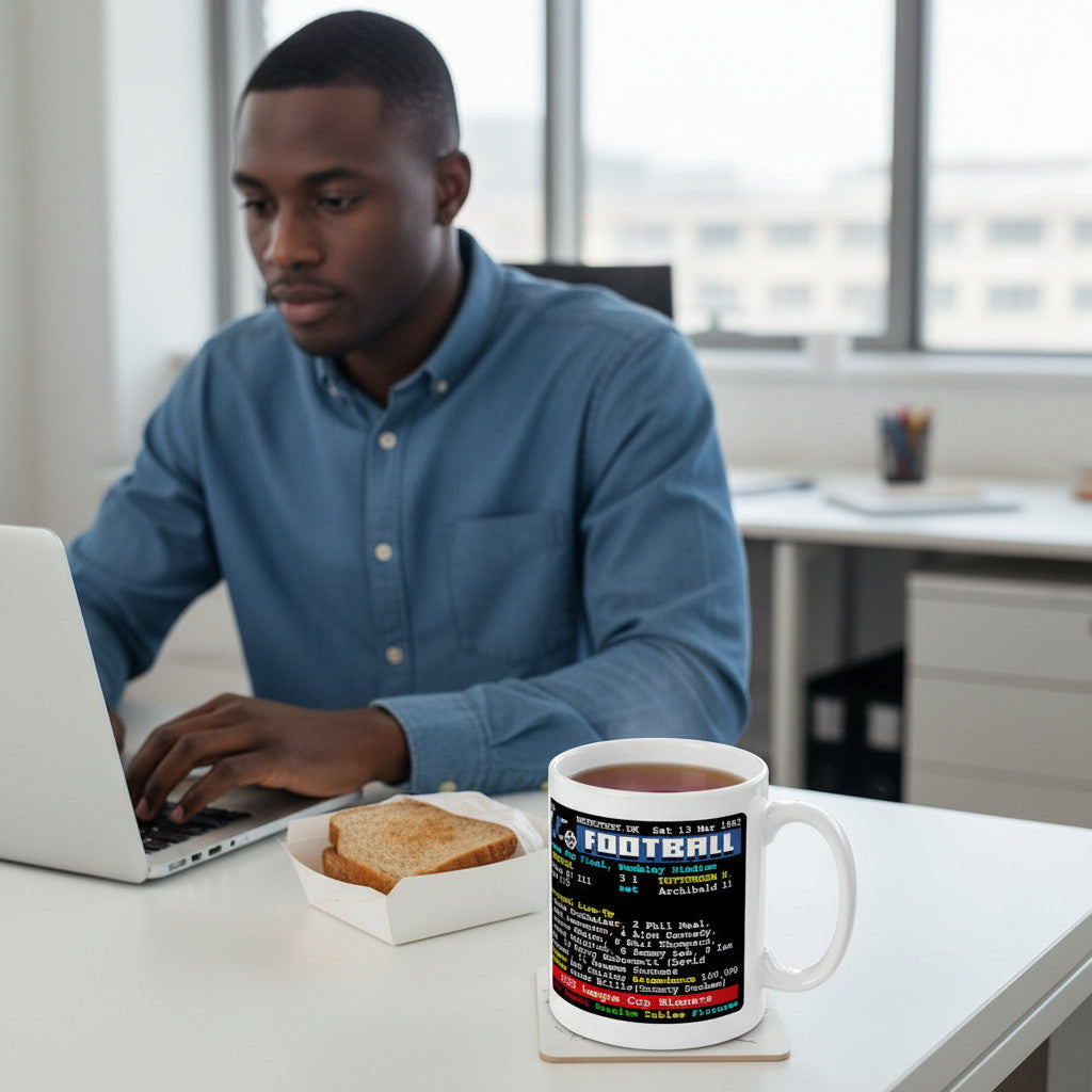 Retrotext Liverpool 1982 League Cup winners teletext mug on a desk next to a man working on a laptop