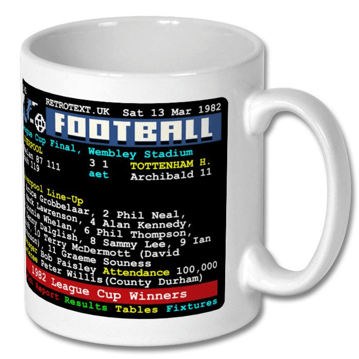 Retrotext Liverpool 1982 League Cup Winners ceramic mug featuring a retro teletext match report and Bob Paisley