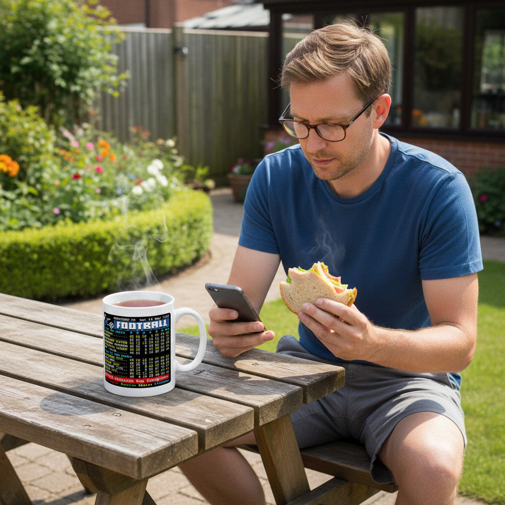 Retrotext Liverpool 1983 Division One Champions mug with teletext league table design on a wooden garden table