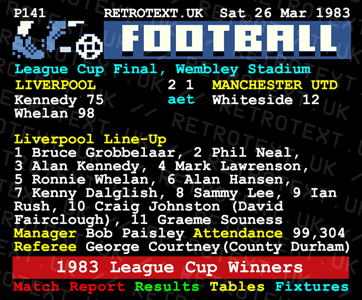 Retrotext Liverpool 1983 League Cup final teletext graphic mug featuring match details and Bob Paisley illustration