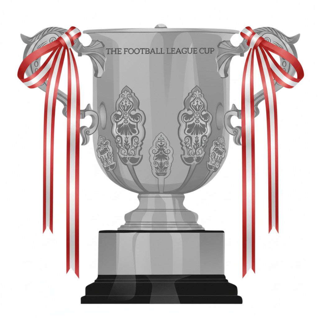 Retrotext Liverpool 1983 League Cup trophy illustration with red and white ribbons on a ceramic mug