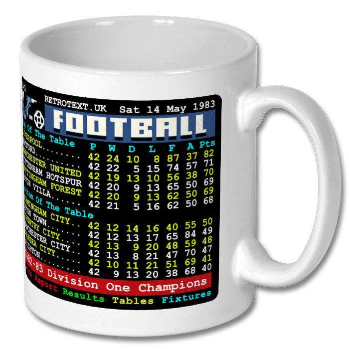 Retrotext Liverpool 1983 Division One Champions ceramic mug featuring a vintage teletext league table graphic