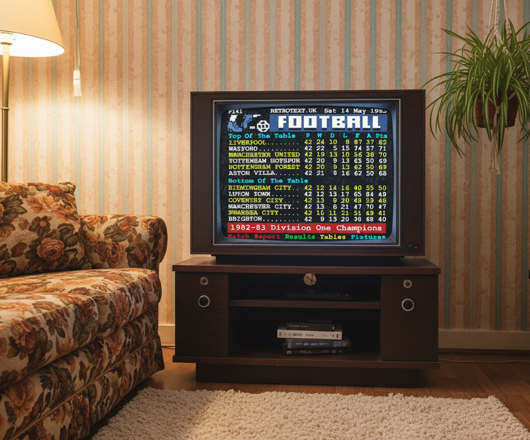 Retrotext Liverpool 1983 Division One Champions ceramic mug featuring a vintage teletext league table graphic