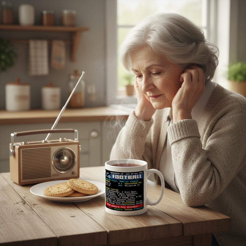 Retrotext ceramic mug featuring 1983 Liverpool League Cup teletext graphic, held by an elderly woman in a cozy kitchen.