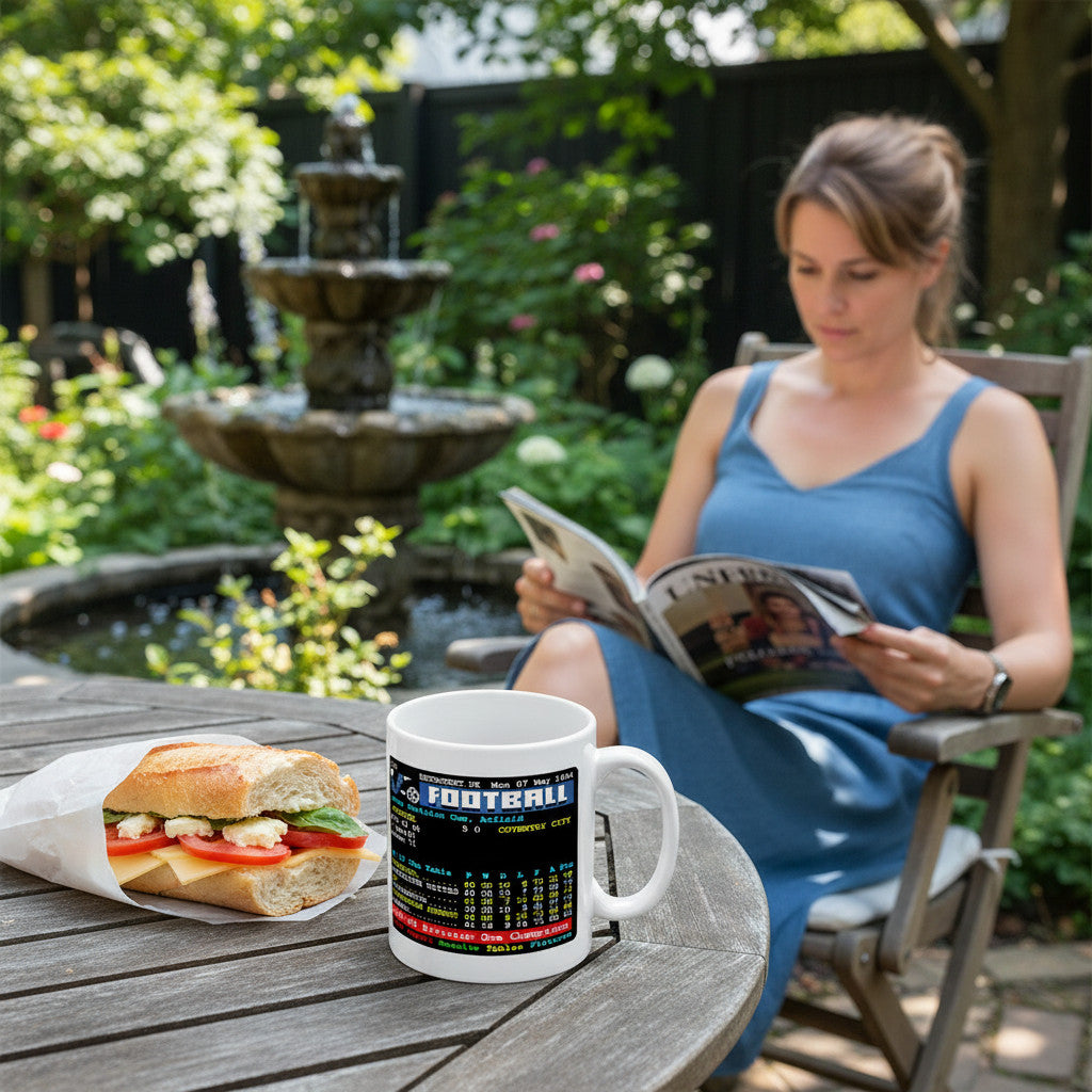 Retrotext Liverpool 1984 Division One Champions ceramic mug with teletext football graphic on a garden table.