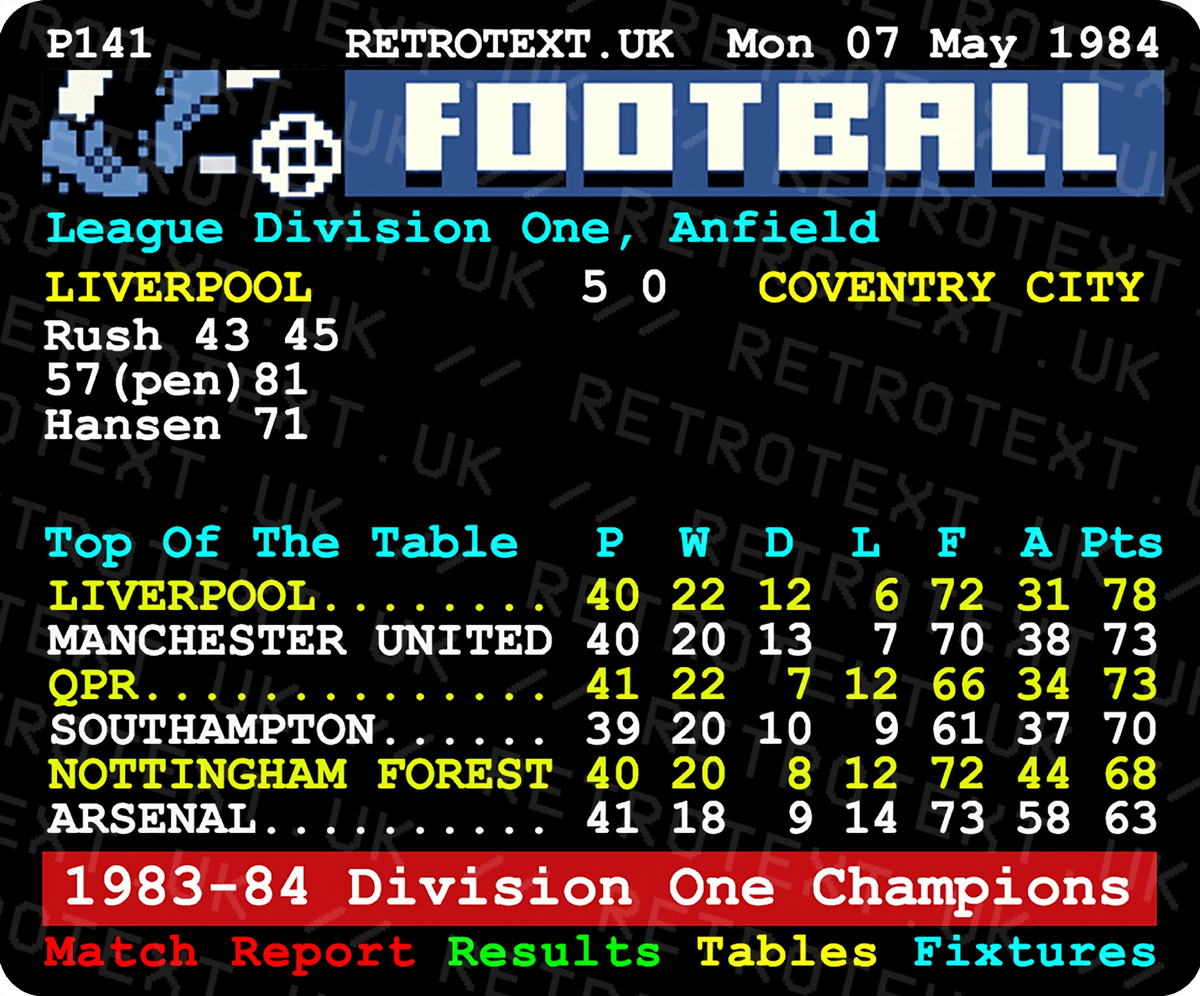 Retrotext Liverpool 1984 Division One Champions ceramic mug featuring a classic teletext football score graphic