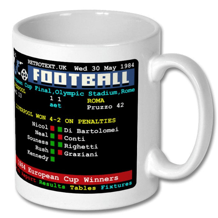 Retrotext white ceramic mug featuring a 1984 Liverpool European Cup final teletext score graphic