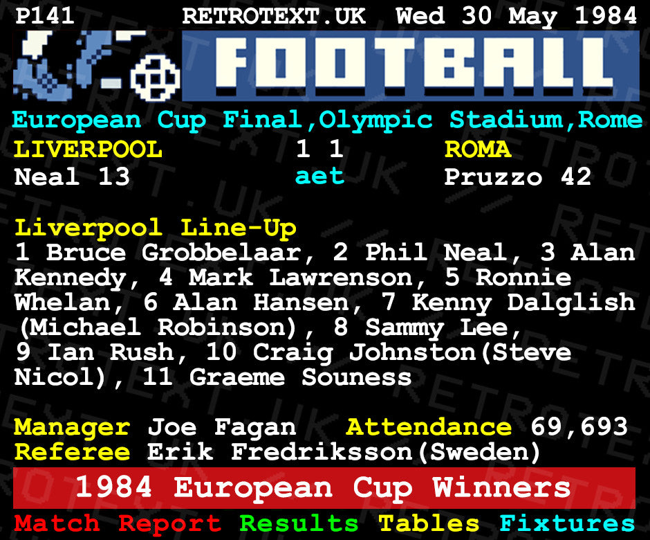 Retrotext Liverpool 1984 European Cup Winners ceramic mug featuring a vintage teletext match report design.