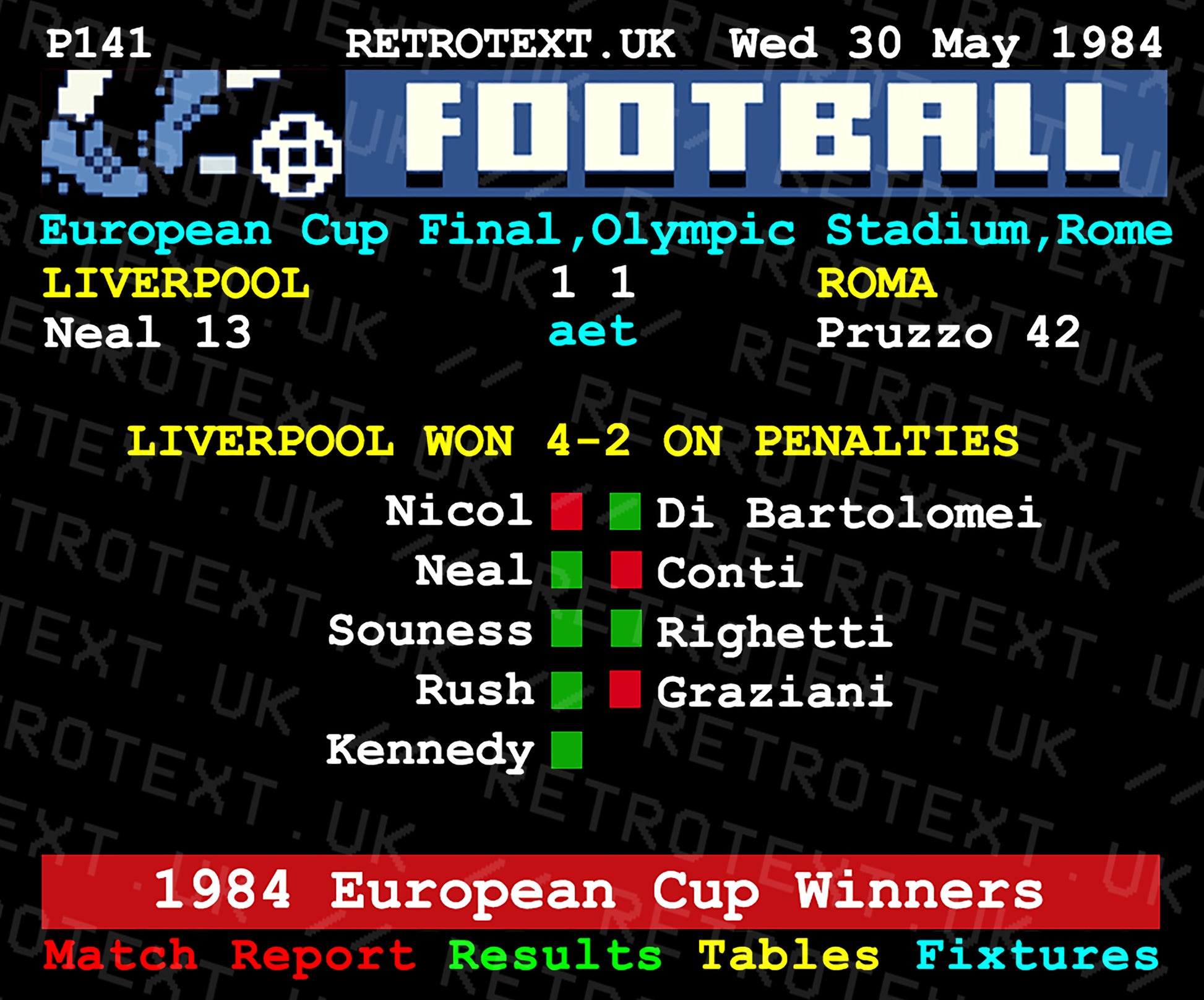 Retrotext Liverpool 1984 European Cup Winners teletext design mug featuring match report details and penalty score.