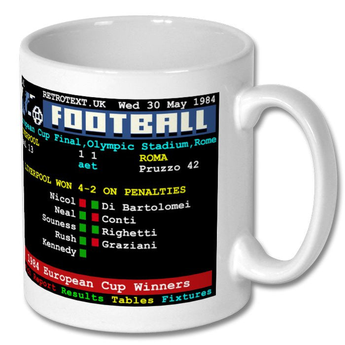 Retrotext Liverpool 1984 European Cup Winners ceramic mug featuring a retro teletext penalty shoot-out scoreboard
