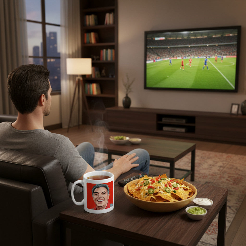 Retrotext Liverpool 1984 European Cup Winners Joe Fagan ceramic mug on a table next to nachos while watching football