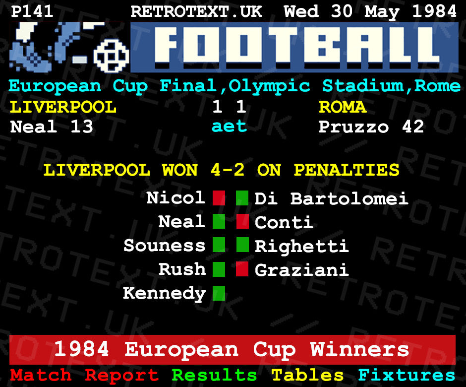 Retrotext Liverpool 1984 European Cup Winners ceramic mug featuring a retro teletext penalty shoot-out score design.