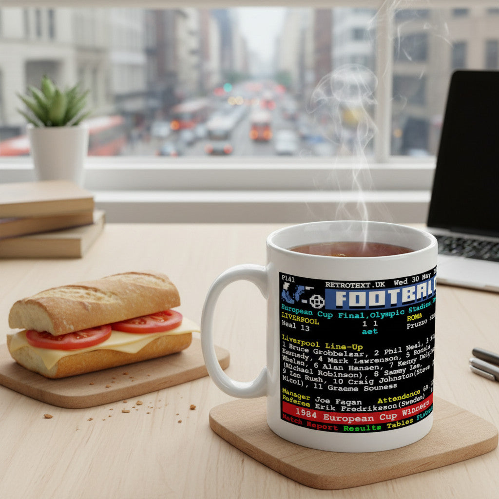 Retrotext Liverpool 1984 European Cup Winners ceramic mug featuring a vintage teletext design on a desk with a sandwich