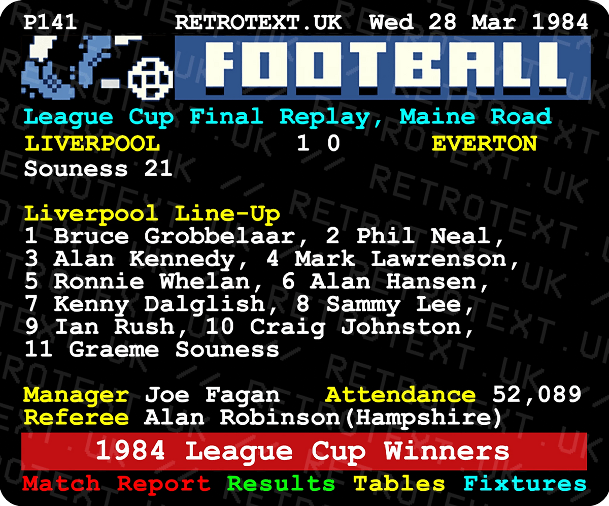 Retrotext Liverpool 1984 League Cup Winners mug featuring a vintage teletext match report design on a white ceramic