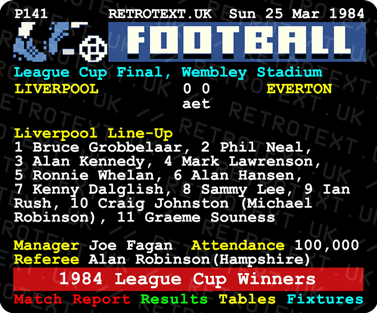 Retrotext Liverpool 1984 League Cup Winners mug featuring a vintage teletext football match report design