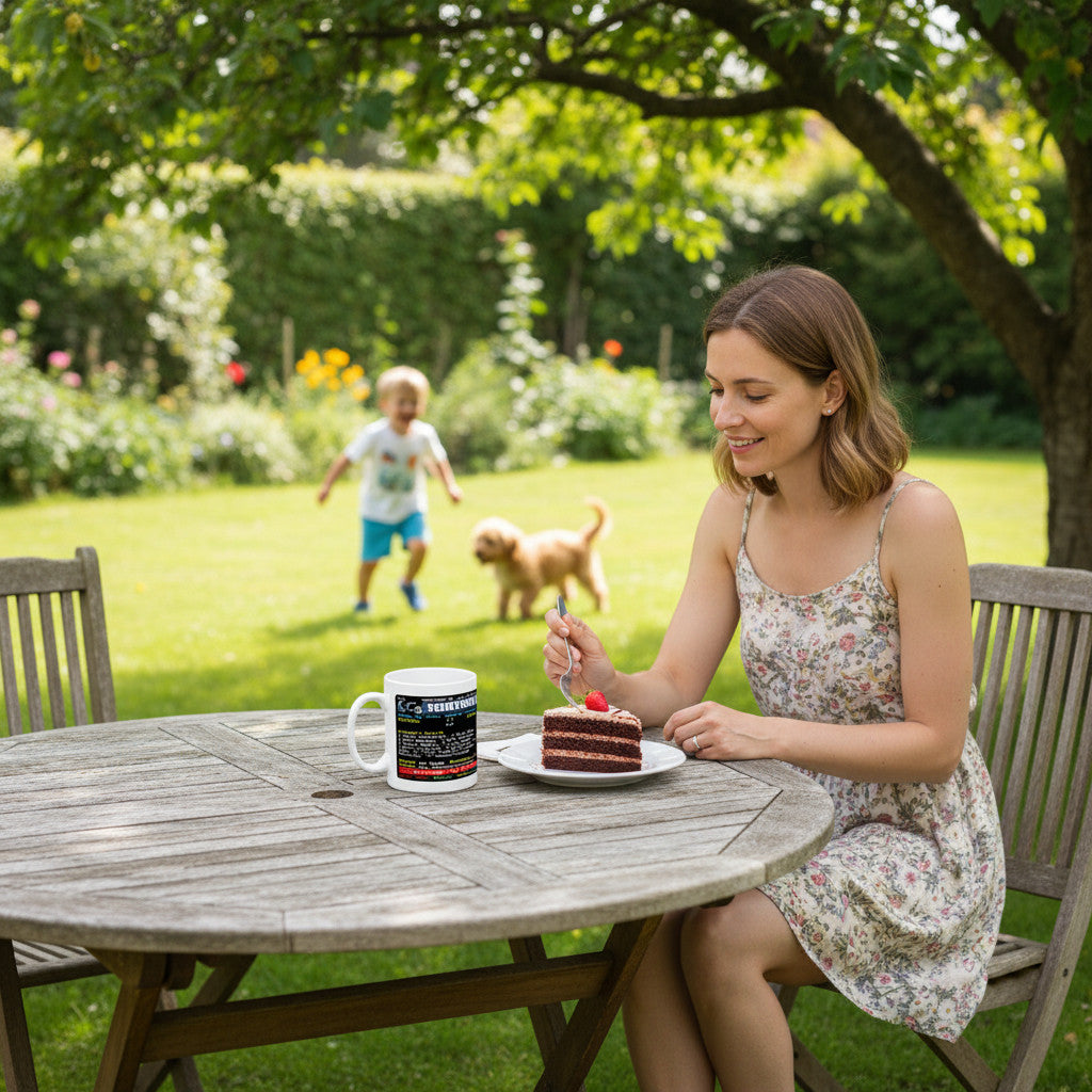 Retrotext Liverpool 1984 League Cup Winners Teletext mug on a garden table next to a woman eating chocolate cake