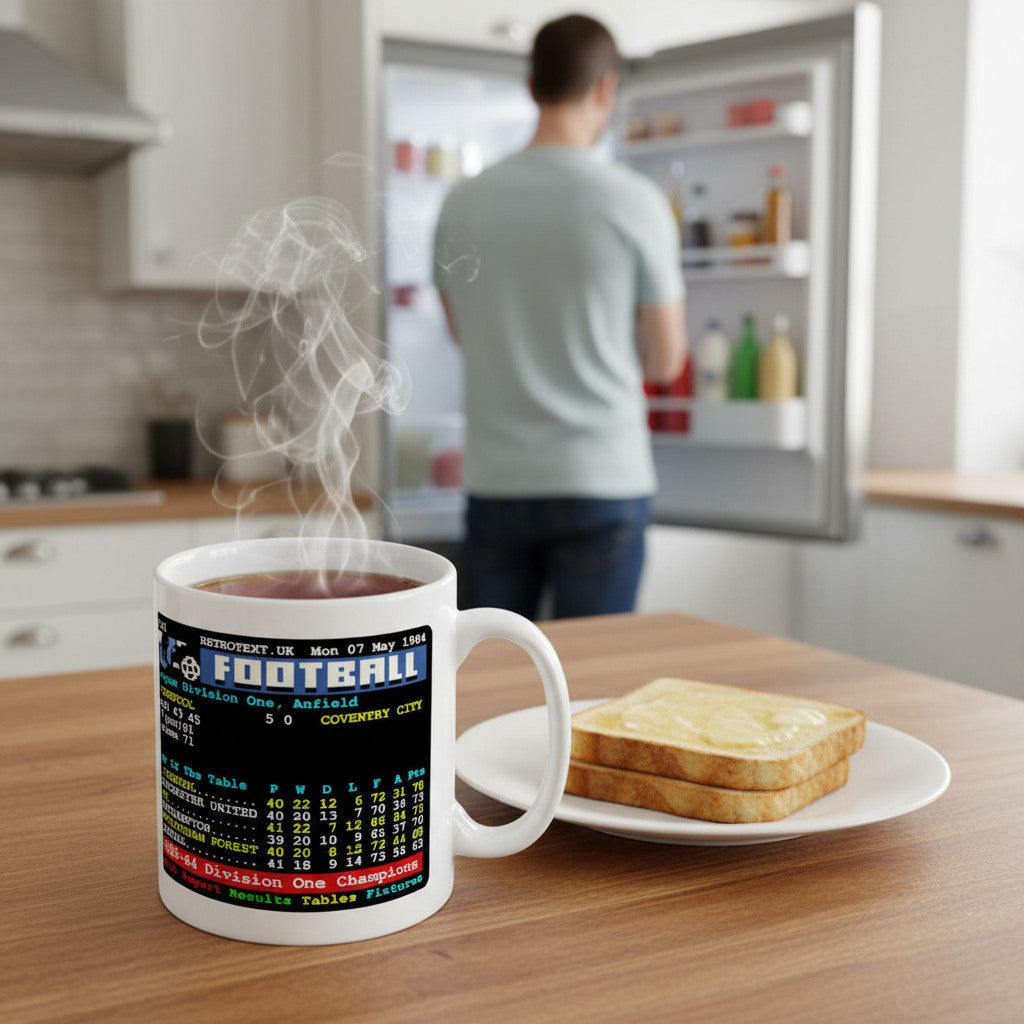 Retrotext Liverpool 1984 Division One Champions ceramic mug with teletext graphic on a kitchen table with toast
