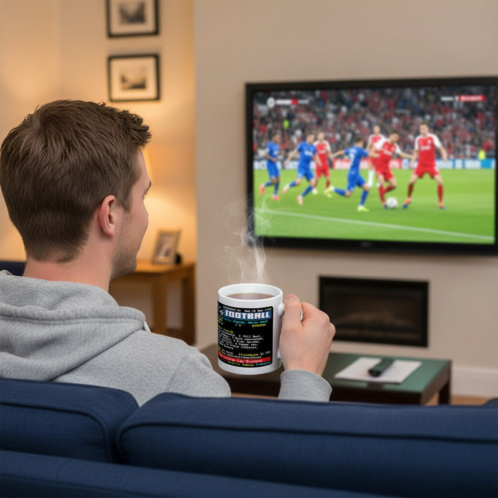 Retrotext Liverpool 1984 League Cup Winners Teletext mug held by a man watching a football match on TV