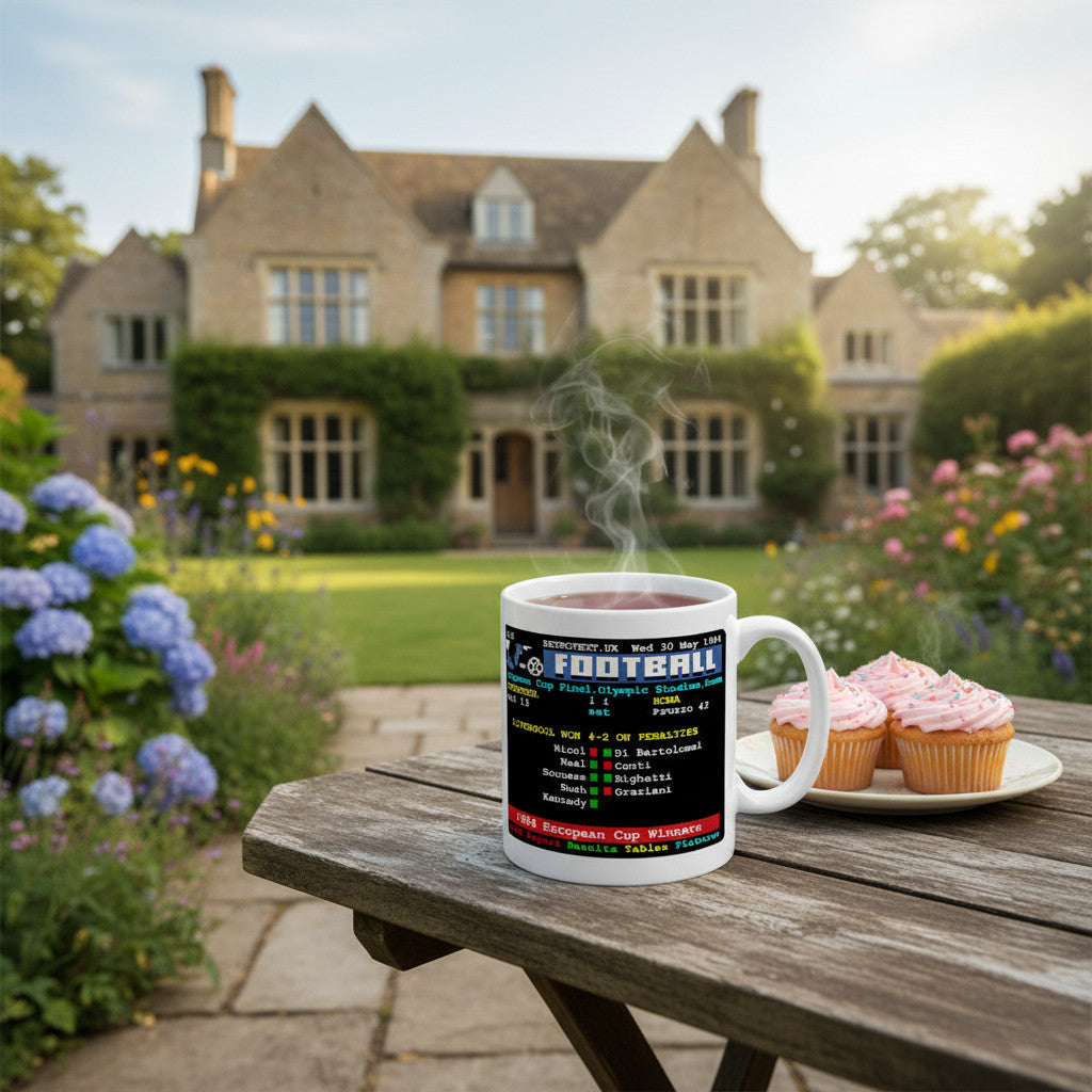 Retrotext Liverpool 1984 European Cup Winners teletext ceramic mug on a garden table with cupcakes