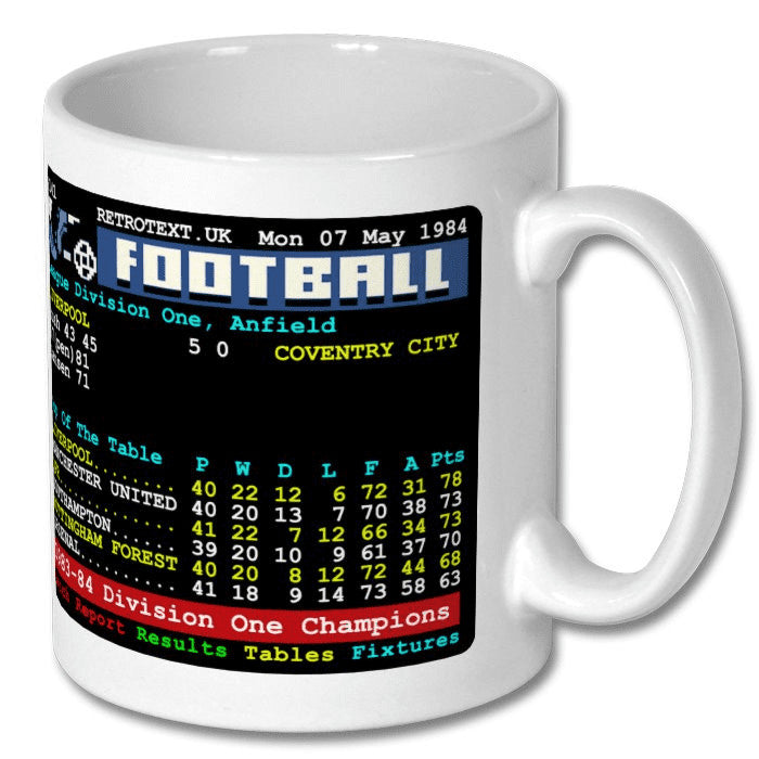 Retrotext Liverpool 1984 Division One Champions ceramic mug featuring a vintage teletext football league table graphic