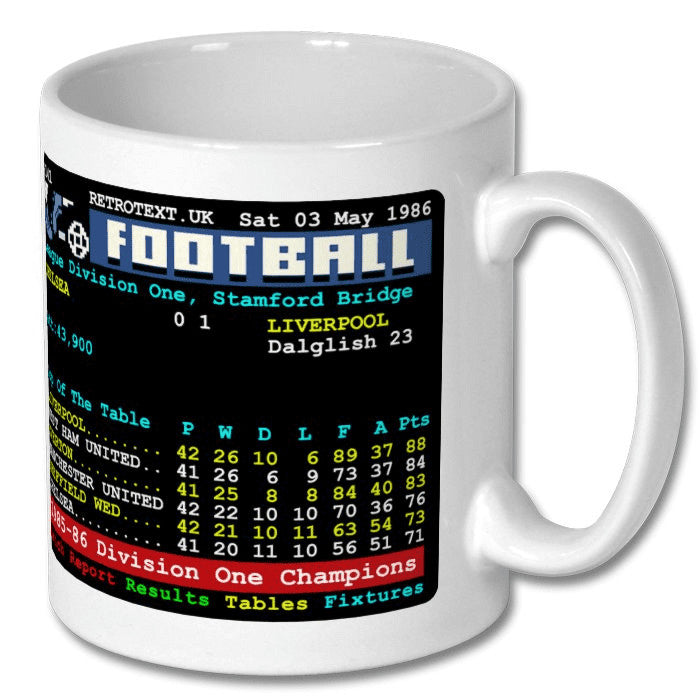 Retrotext white ceramic mug featuring a 1986 Liverpool Division One Champions Teletext graphic with Kenny Dalglish