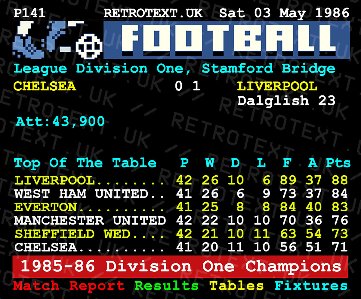 Retrotext Liverpool 1986 Division One Champions mug featuring a vintage pixelated Teletext football league table design