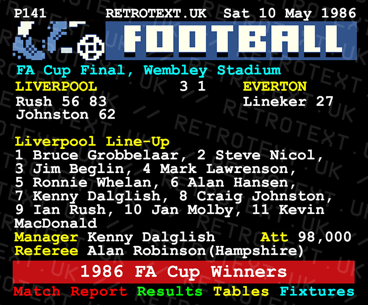 Retrotext Liverpool 1986 FA Cup final ceramic mug featuring a vintage teletext match report and team line-up.