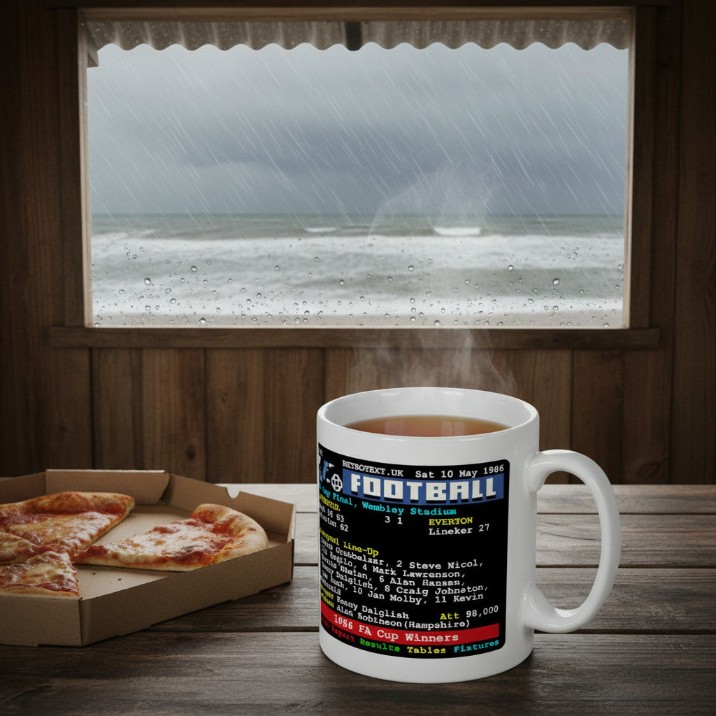 Retrotext Liverpool 1986 FA Cup ceramic mug with teletext match details, sitting on a wooden table with pizza.