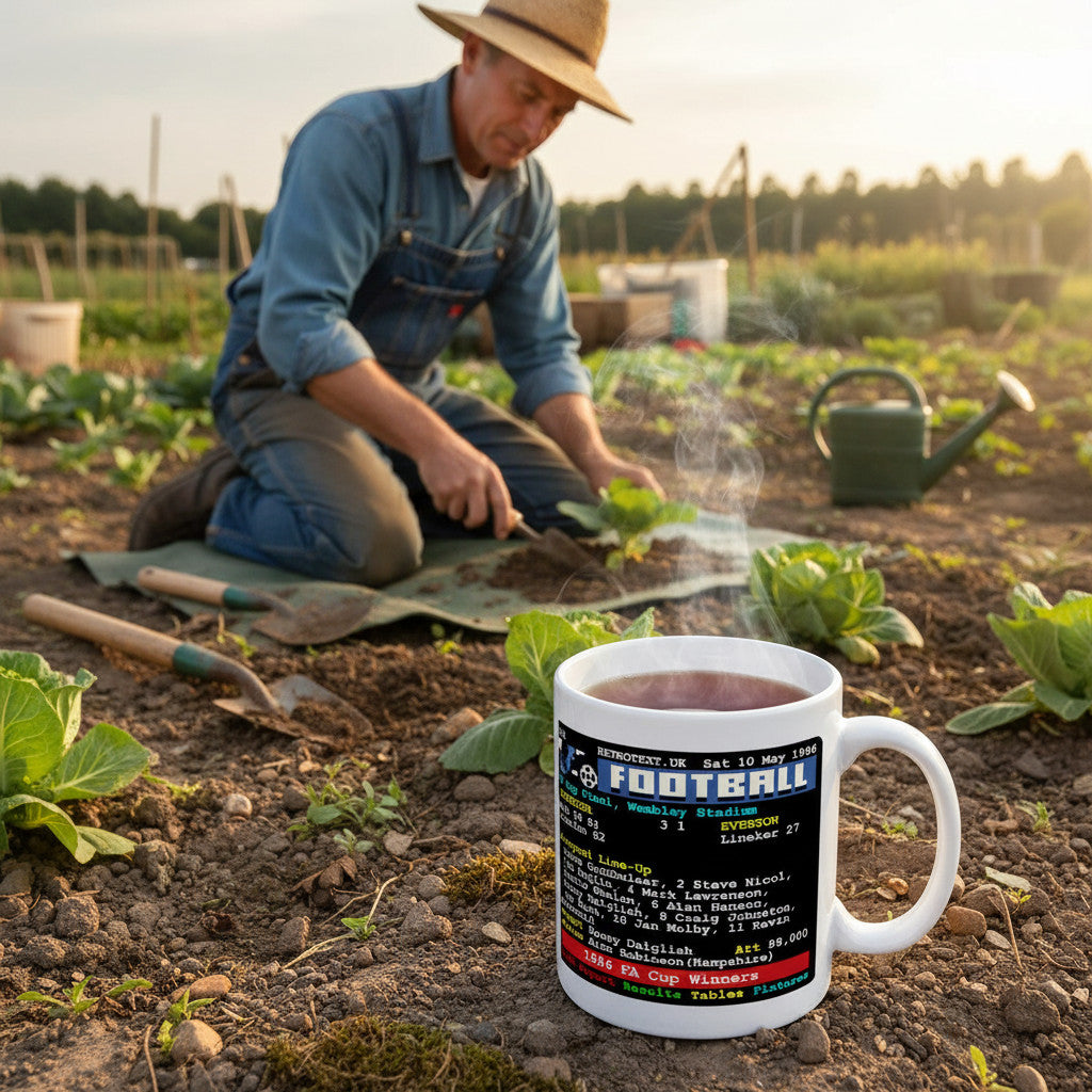 Retrotext 11oz ceramic mug featuring a vintage 1986 Liverpool FA Cup teletext design, set in a sunny vegetable garden.
