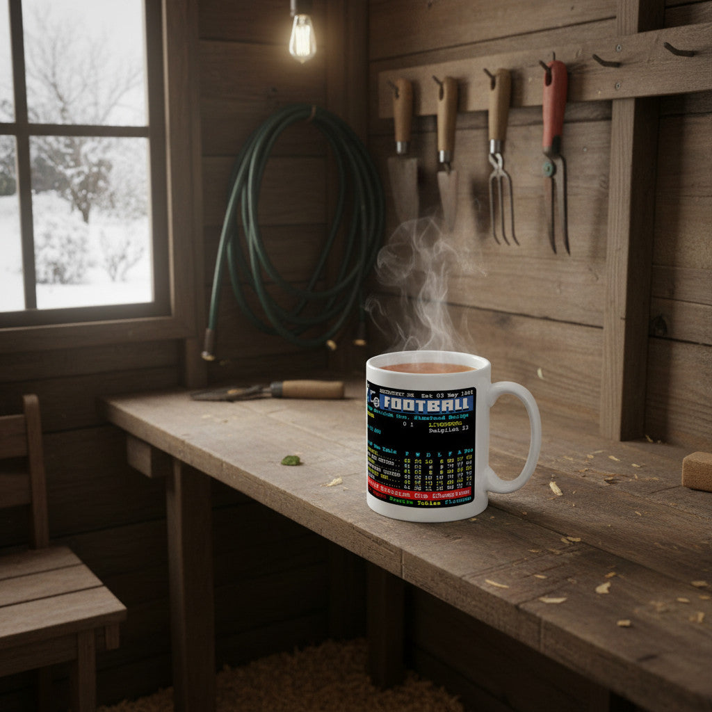 Retrotext ceramic mug featuring a 1986 Liverpool FC Teletext graphic with Kenny Dalglish on a rustic wooden workbench.