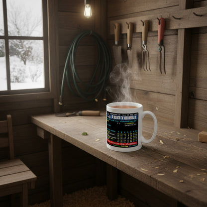 Retrotext ceramic mug featuring a 1986 Liverpool FC Teletext graphic with Kenny Dalglish on a rustic wooden workbench.