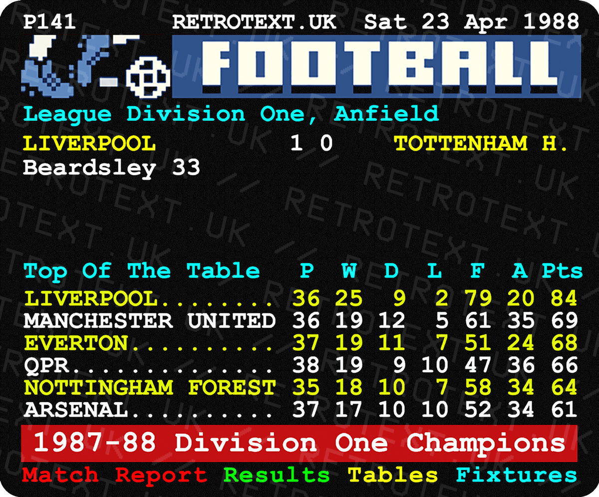 Retrotext 1988 Liverpool Division One Champions teletext mug featuring a classic football league table design