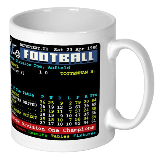 Retrotext Liverpool 1988 Division One Champions teletext football mug with glossy white finish
