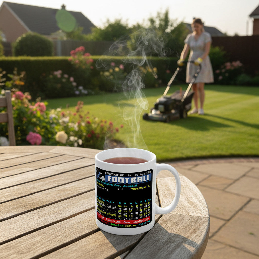 Retrotext Liverpool 1988 Division One Champions ceramic mug with Teletext football table on a wooden garden table.