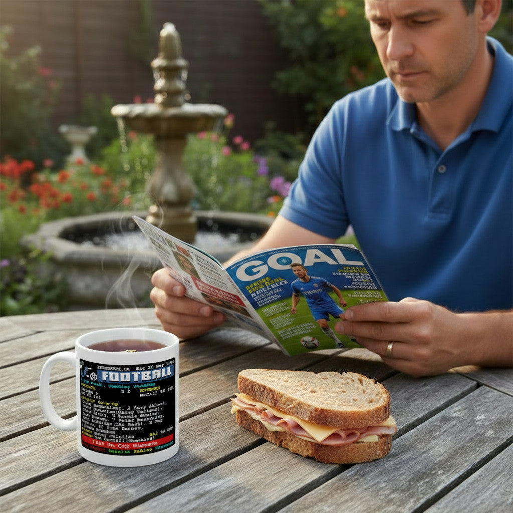 Retrotext Liverpool 1989 FA Cup teletext mug on a wooden table next to a sandwich and a man reading a football magazine