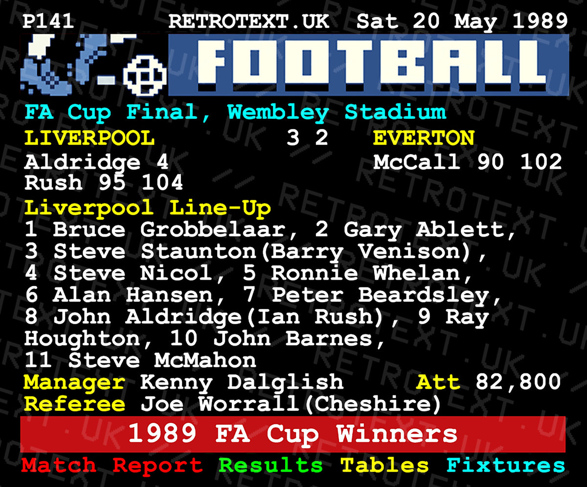 Retrotext Liverpool 1989 FA Cup final teletext design mug featuring match stats and line-up details