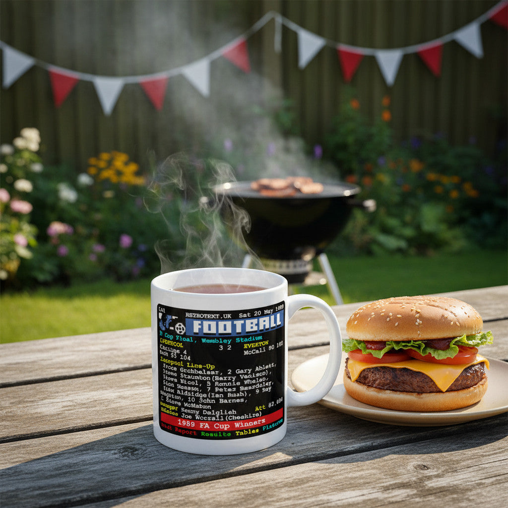 Retrotext Liverpool 1989 FA Cup Winners Ian Rush teletext ceramic mug on a wooden table with a burger in a garden.