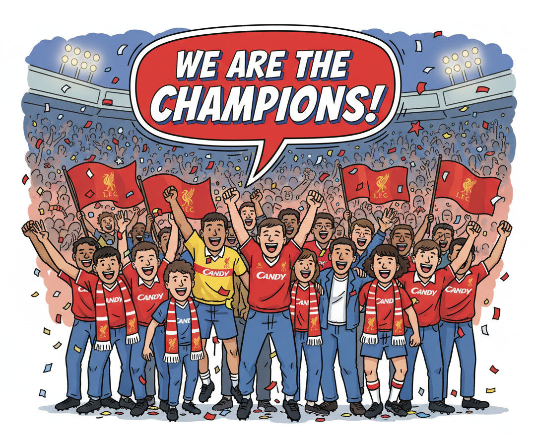Retrotext Liverpool 1990 Division One Champions mug featuring a cartoon illustration of fans celebrating with flags