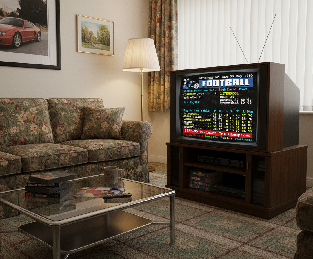 Retrotext 11oz ceramic mug featuring a 1990 Liverpool Division One champions teletext design on a living room table.