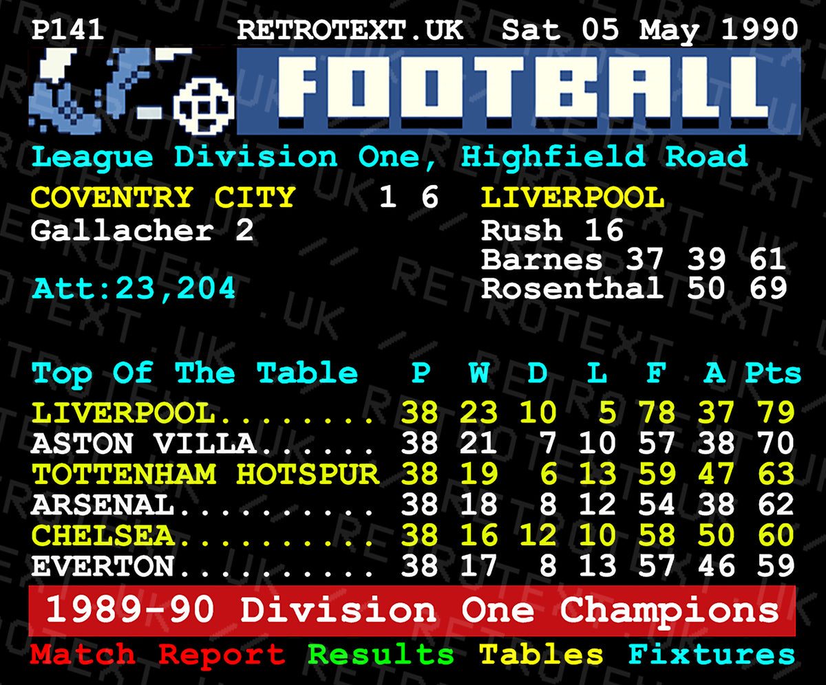 Retrotext Liverpool 1990 Division One Champions John Barnes Teletext design on a glossy white 11oz ceramic mug
